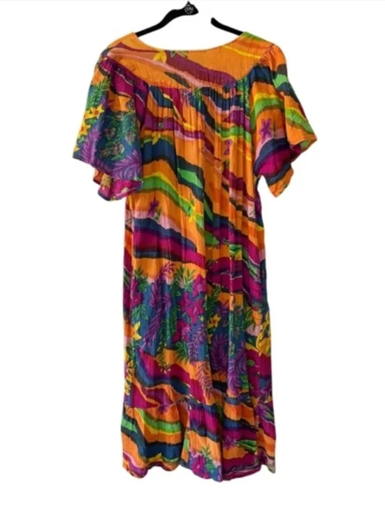 Vintage 90s Y2K Boho Tropical Print Midi Dress Multicolored Bright 1X - Picture 3 of 6